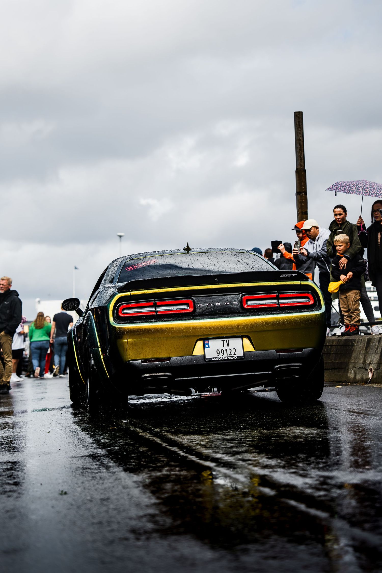 Gold Dodge Challenger rear view showing distinctive LED taillights on wet racing surface.