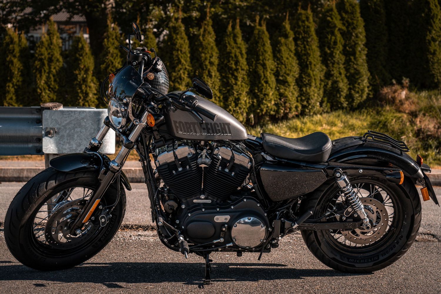 Classic black Harley-Davidson Sportster motorcycle parked against green hedge background.