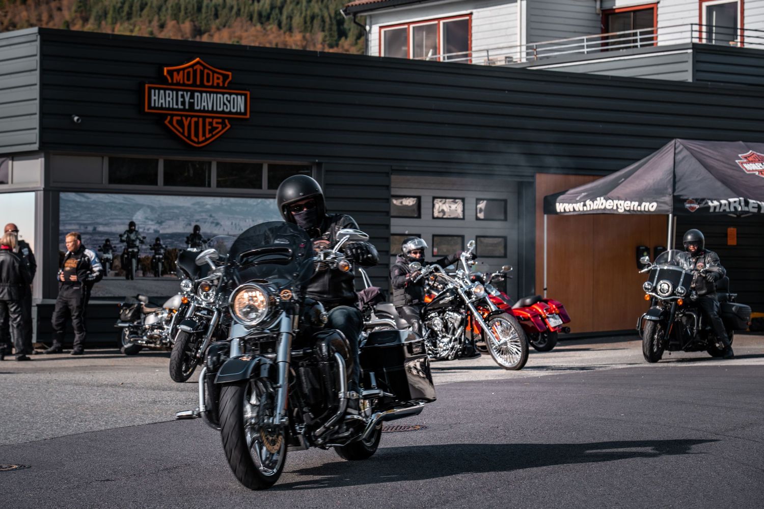Harley-Davidson motorcycles lined up outside dealership building under sunny skies.