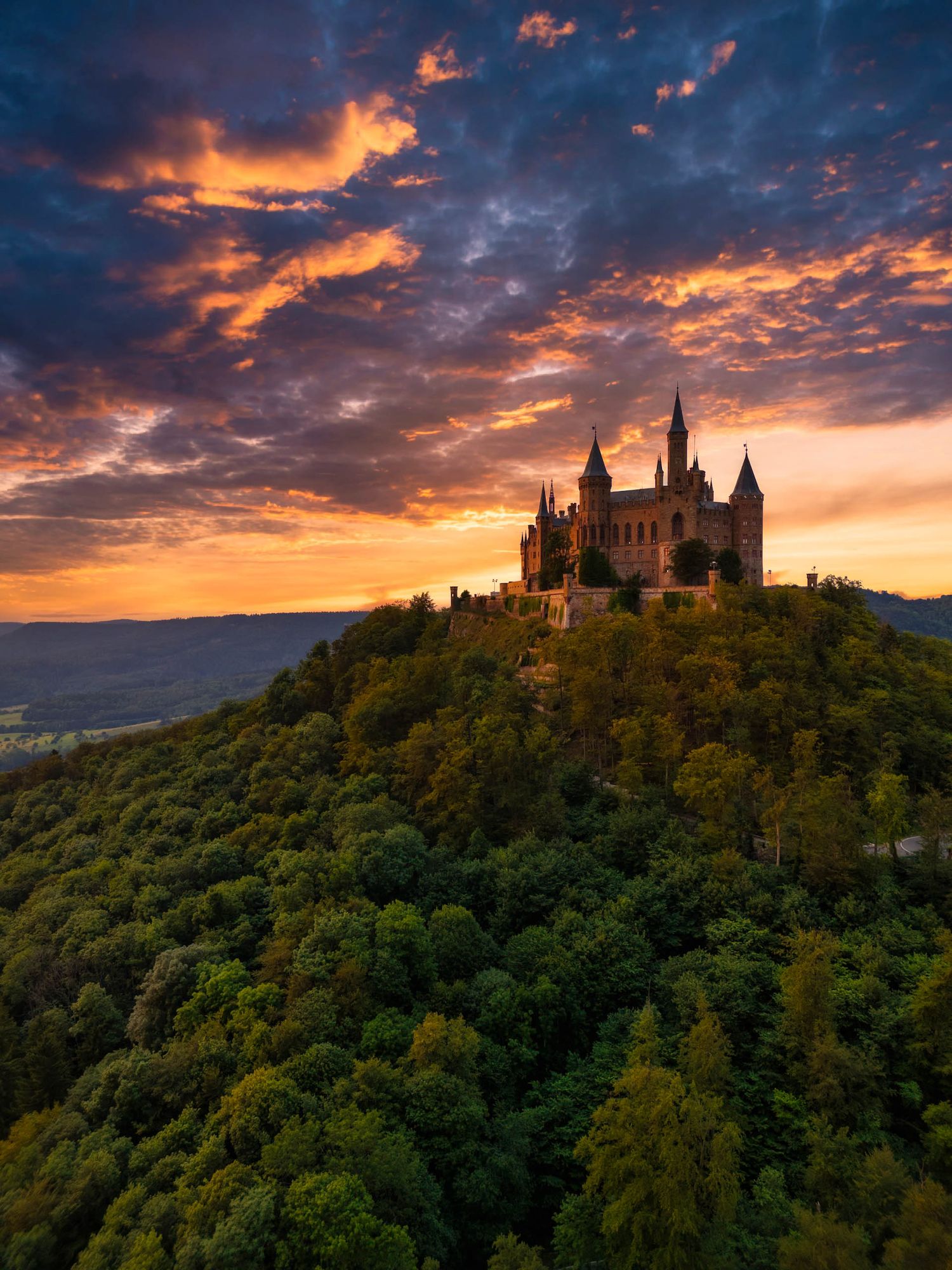 Historic castle perched atop a forested hill during a dramatic orange and purple sunset.