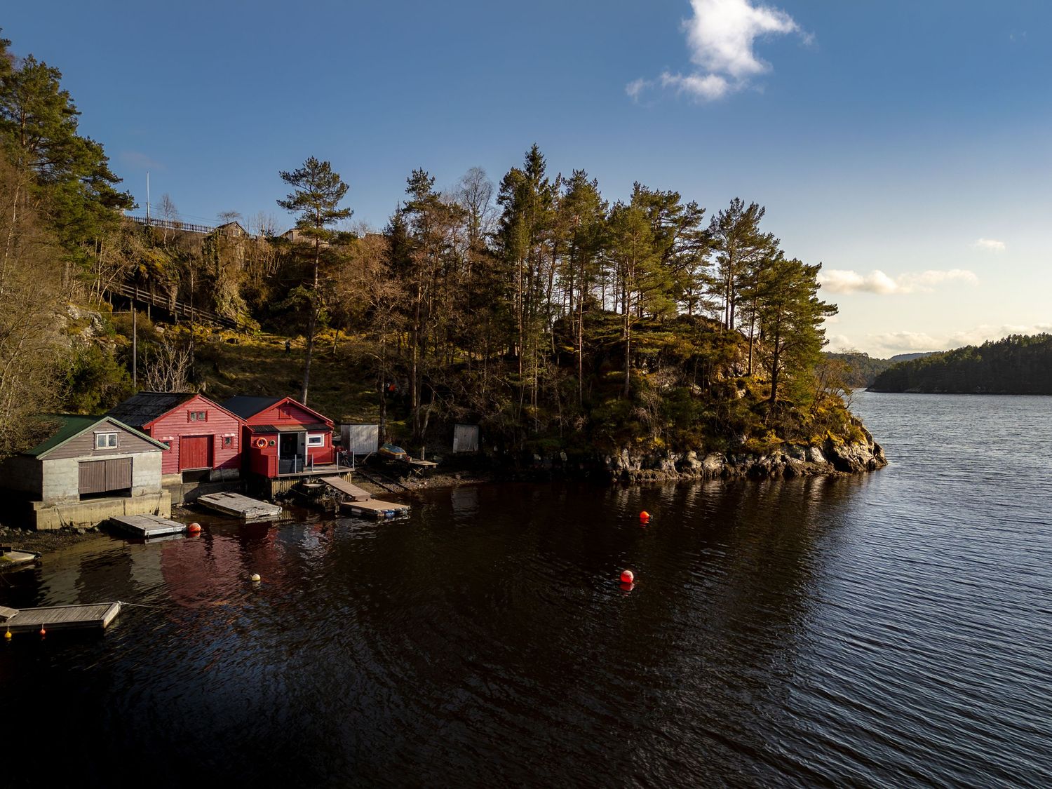 Lakeside scene with colorful boathouses and pine trees along the shoreline.