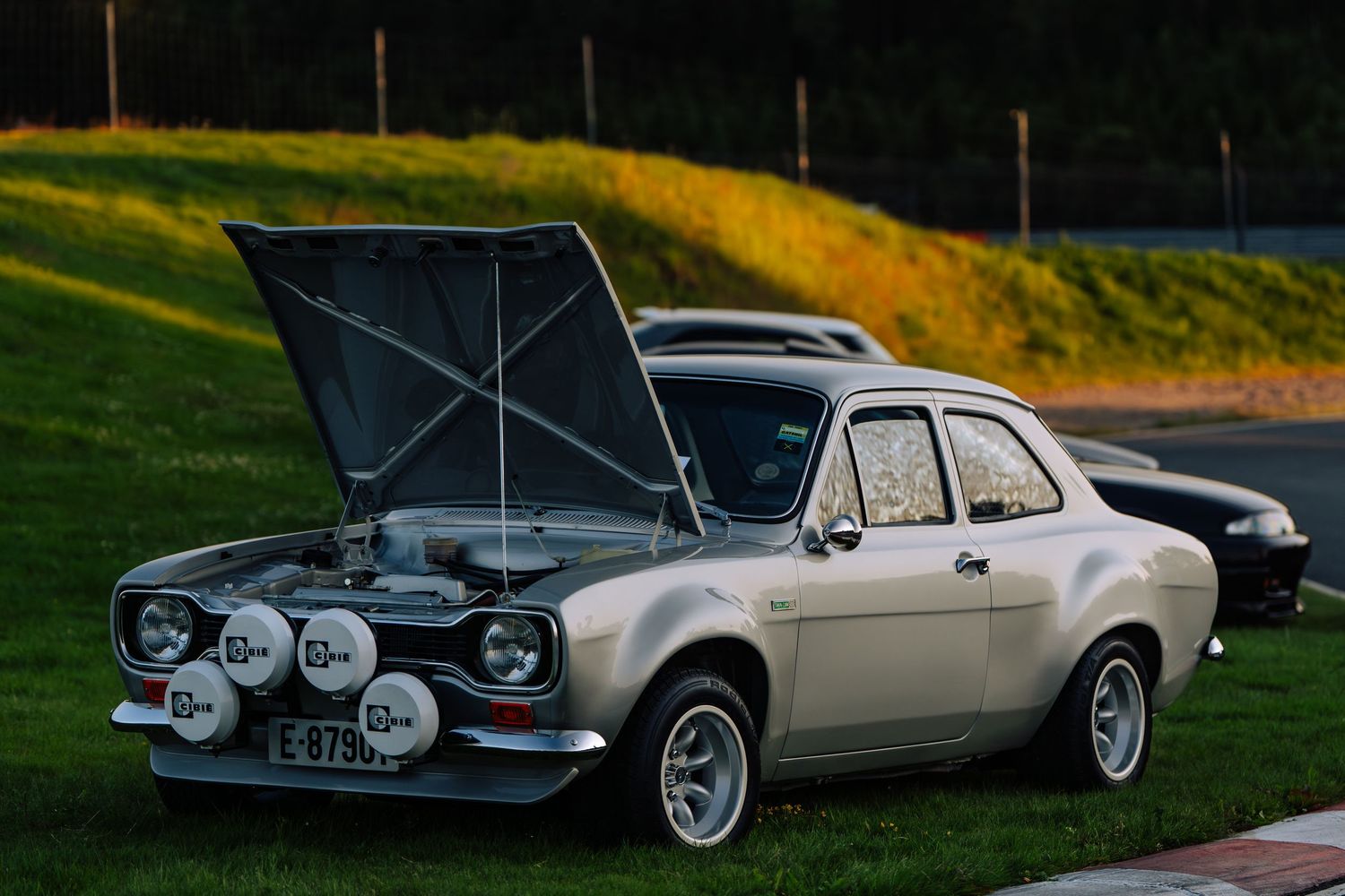 A collection of classic luxury cars displayed on a grassy lawn at a vintage automobile show during sunset.