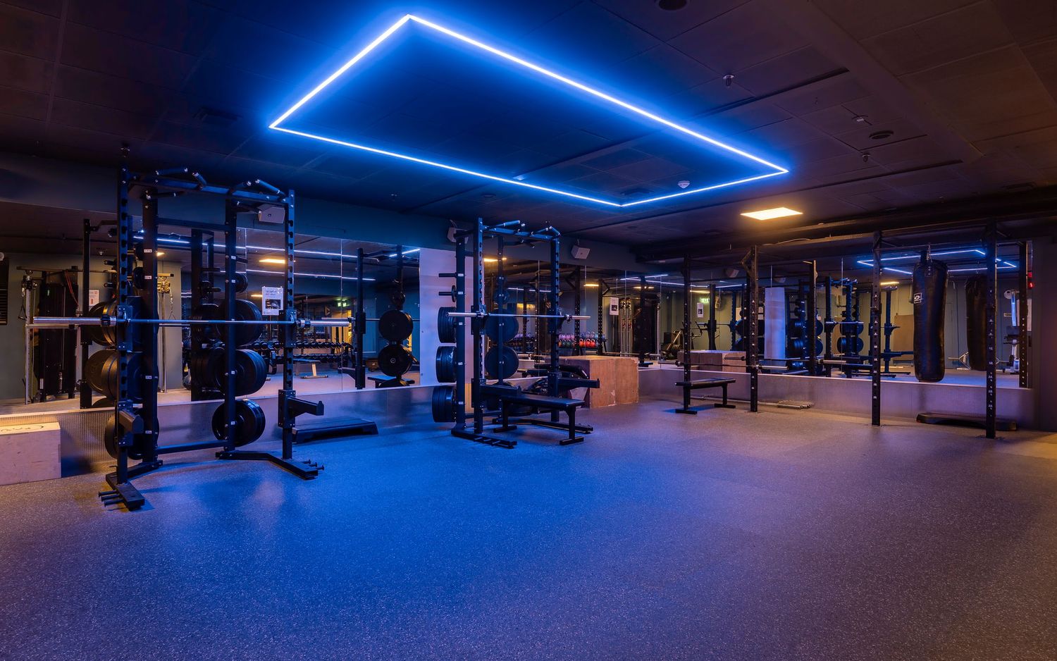 Fitness center with blue geometric LED ceiling lights and multiple weight training stations.