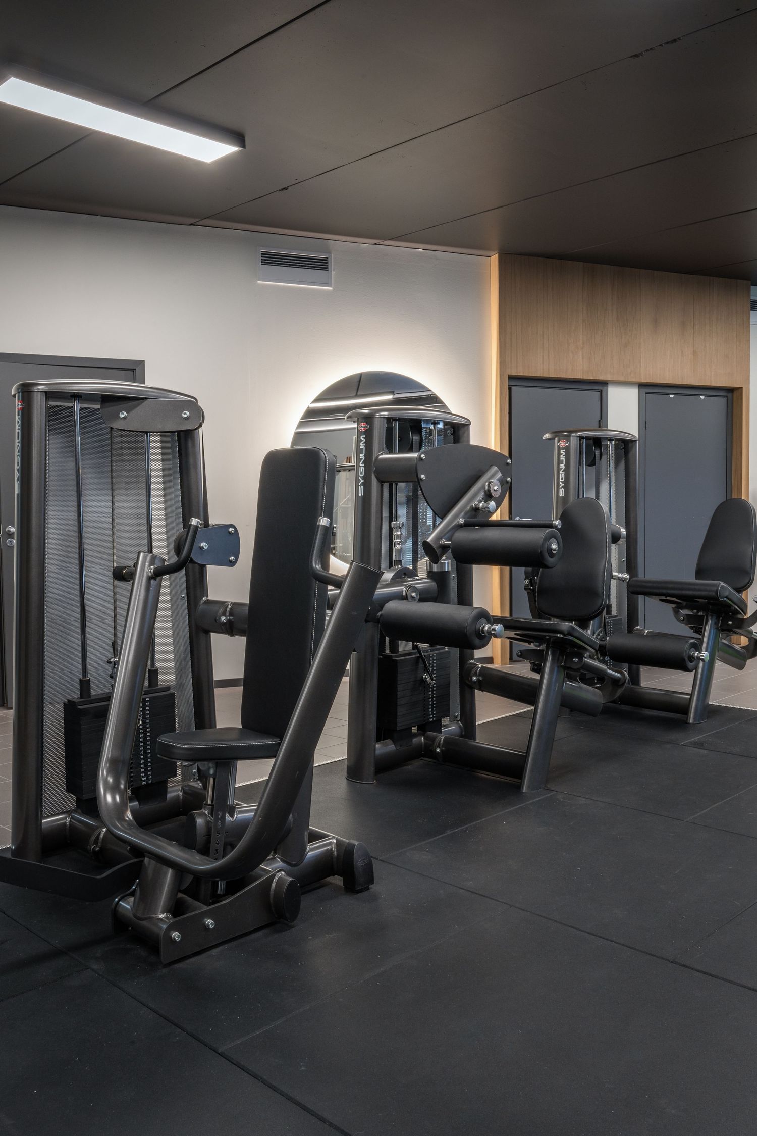 Row of professional strength training machines in a modern gym setting.