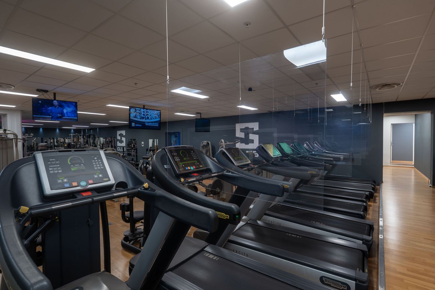 Clean modern gym space with electronic cardio equipment and contemporary lighting fixtures.