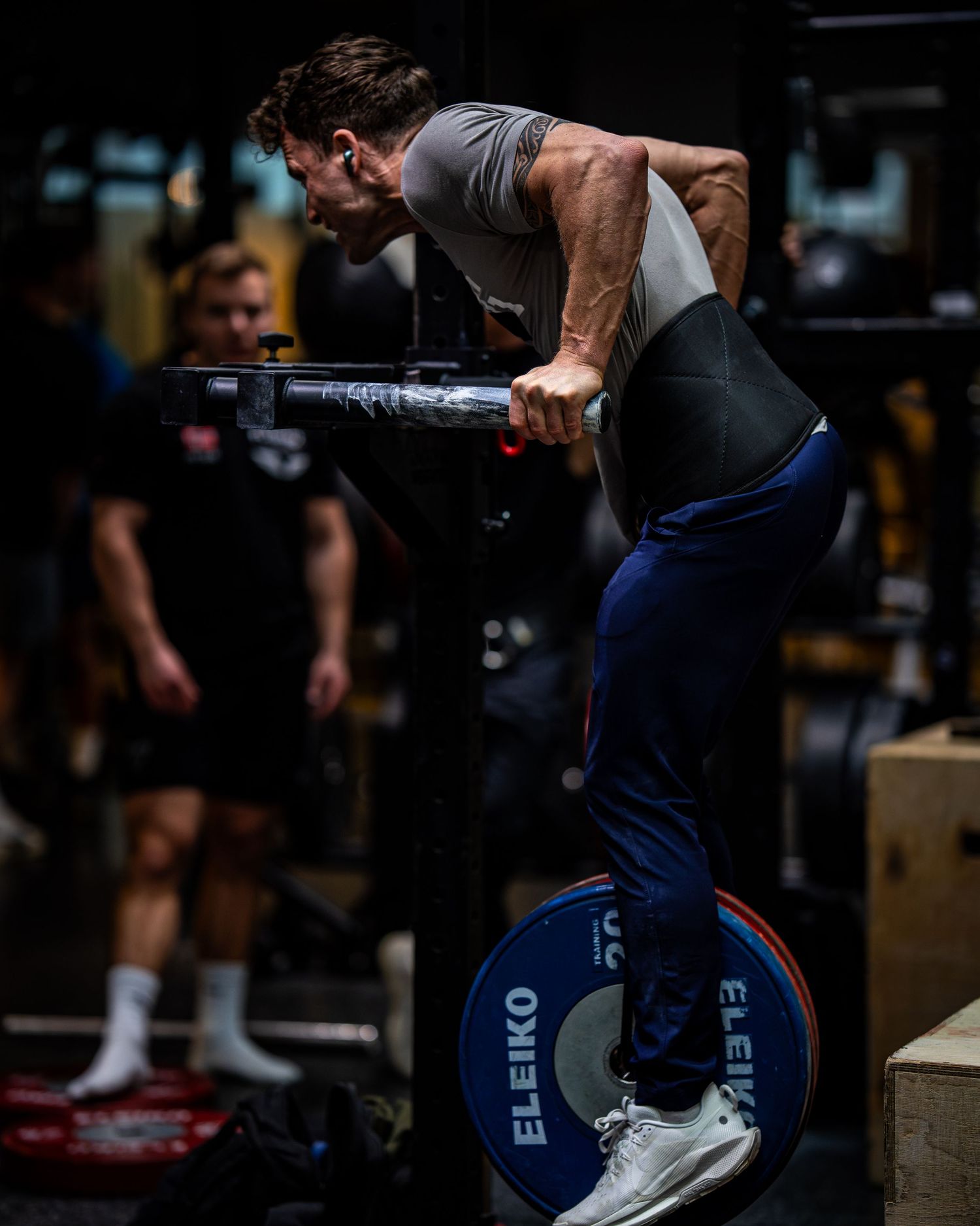 Strong athlete performing chest-supported exercise on parallel bars with blue Eleiko plates visible.