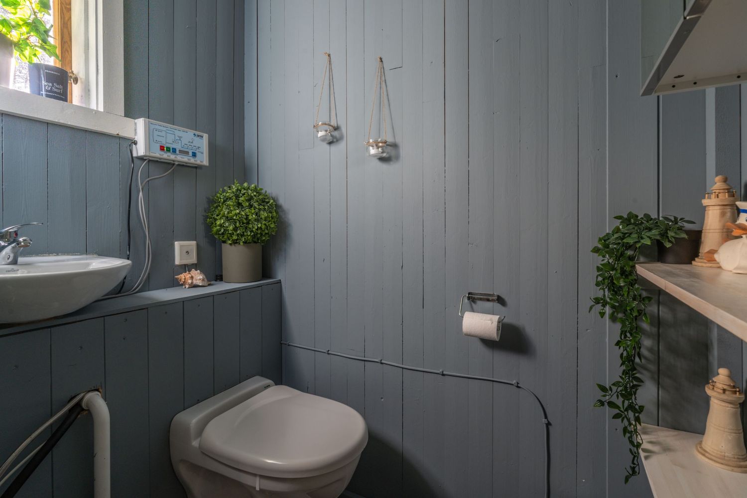 Modern bathroom featuring blue-gray paneled walls, white fixtures, and greenery accents.