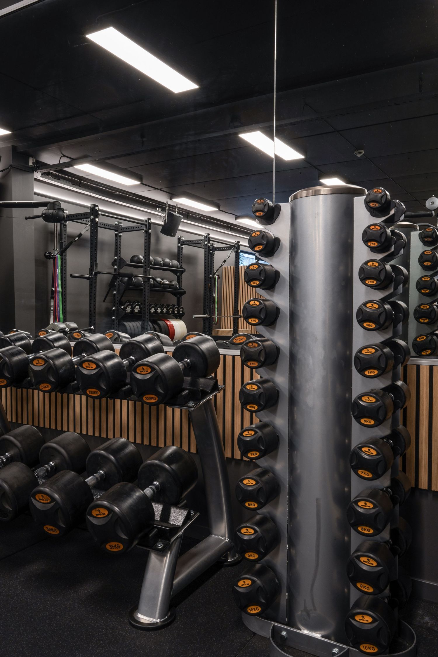Modern gym equipment room with rows of black dumbbells and weight training machines.