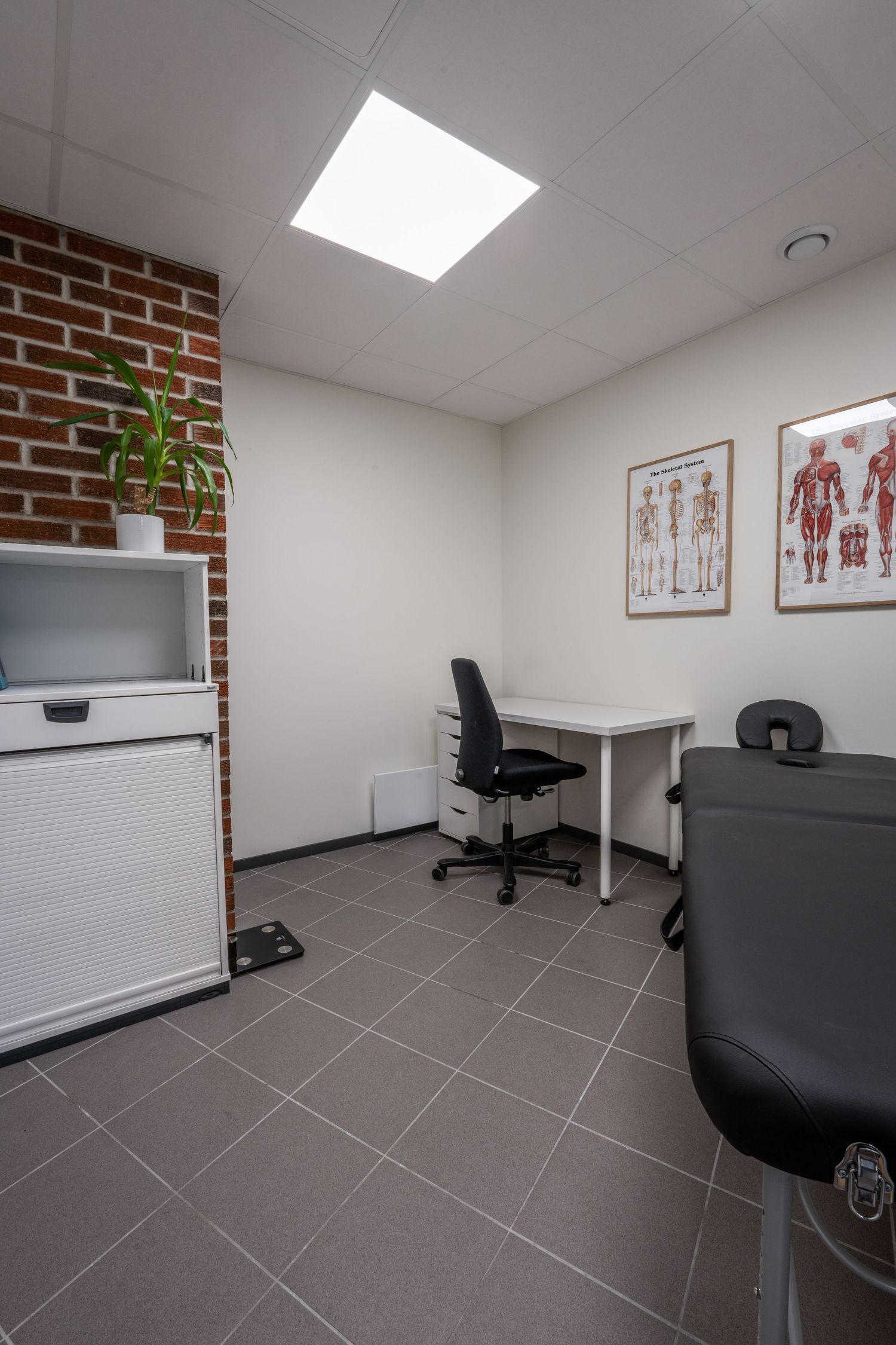 Medical exam room with brick wall accent, anatomical posters, and modern office furniture.