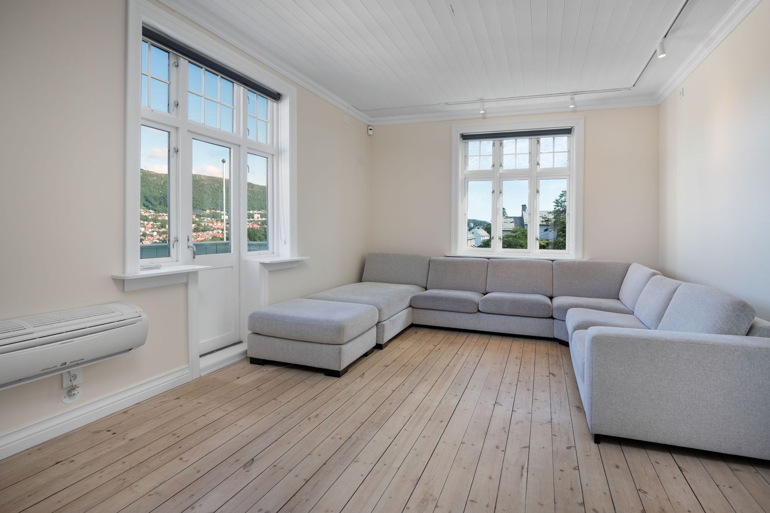 Modern living room with gray sofa, white walls, and natural wood floors bathed in sunlight.