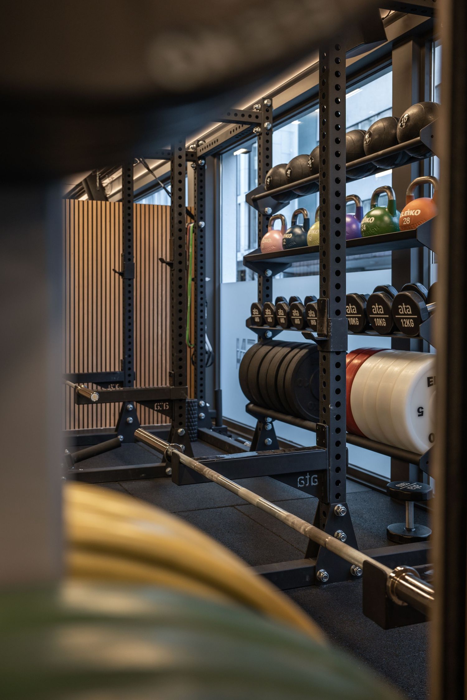 Weight training equipment and storage racks against wooden slat wall in gym.