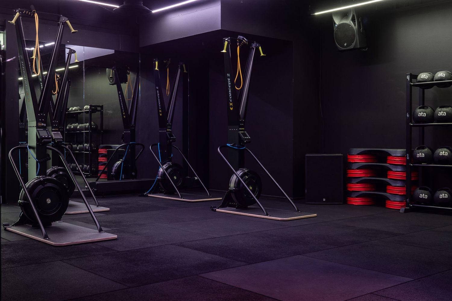 Dark fitness studio with specialized training equipment and mood lighting.