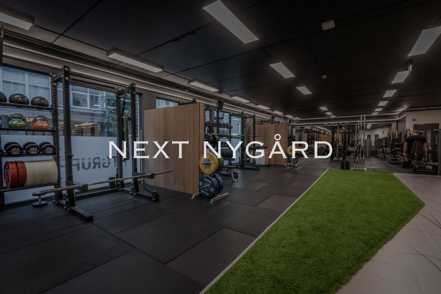 Contemporary gym interior featuring artificial turf and strength training equipment with 'Next Nygard' text overlay.