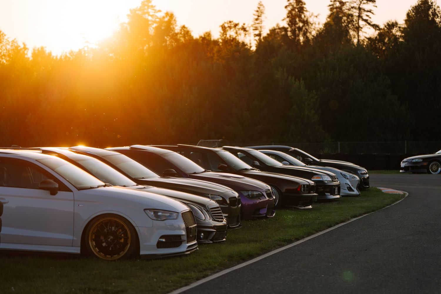 Row of luxury cars parked at sunset with golden light filtering through trees in background.