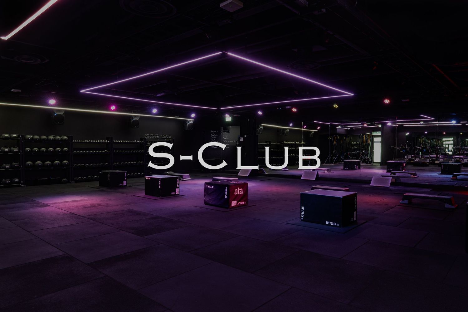 Upscale nightclub facade illuminated by purple LED lighting in an urban setting.