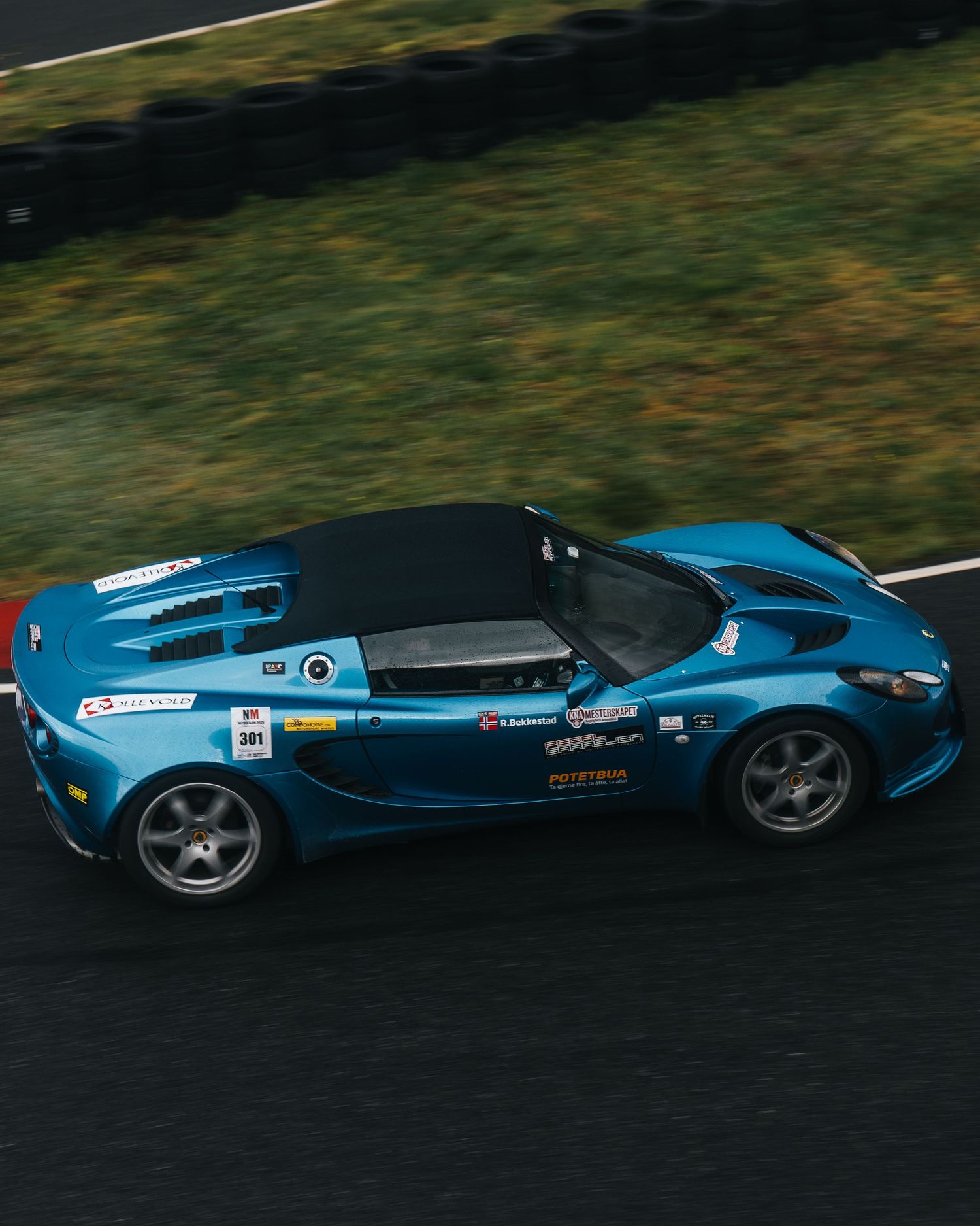 A sleek blue sports car races along a winding road against a blurred background of green foliage.