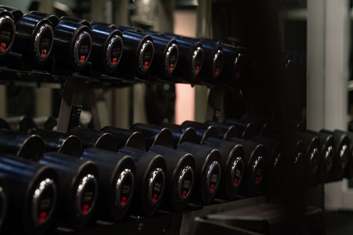 Row of black fitness equipment weights displayed on dark metal storage rack.