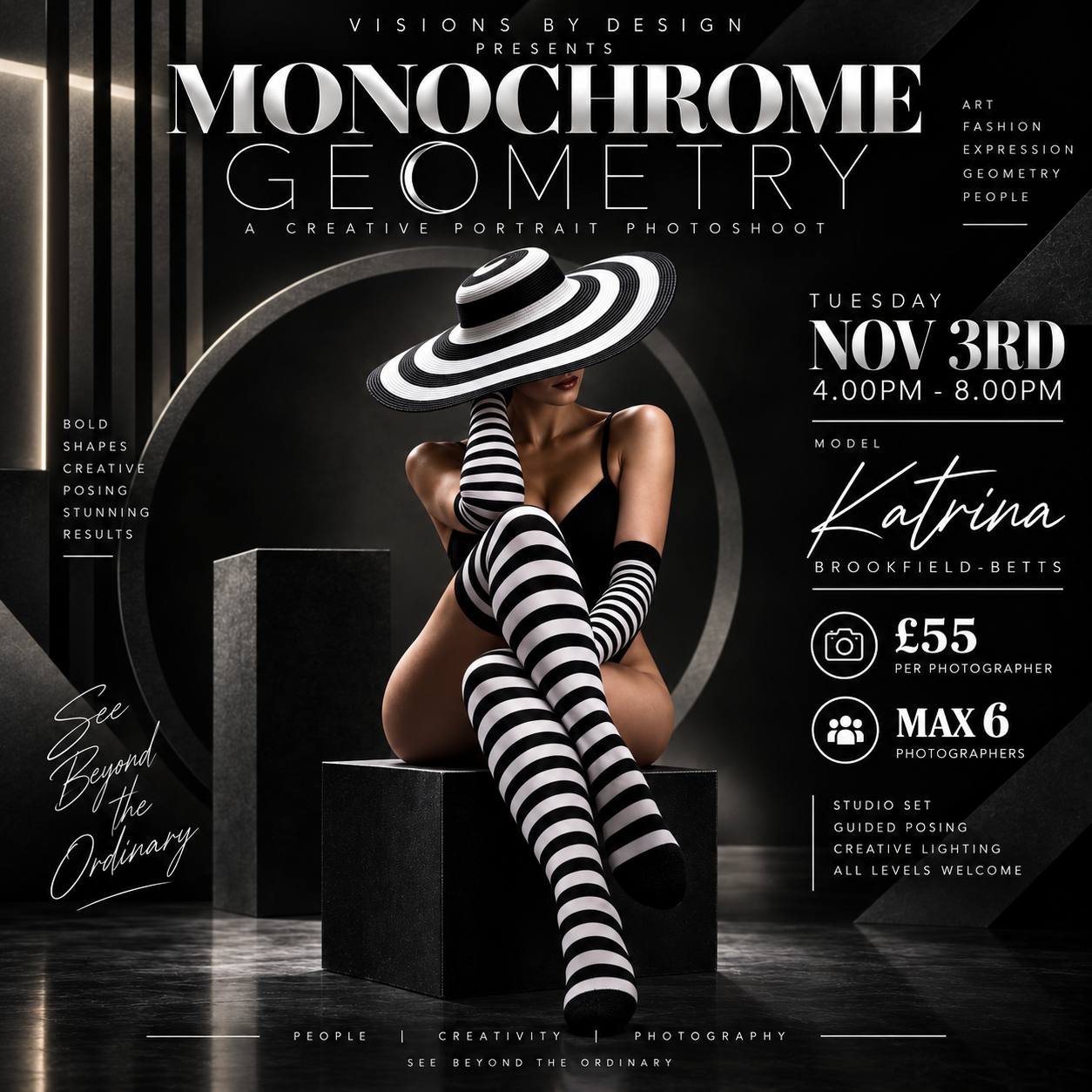 Monochrome Geometry creative portrait photoshoot flyer featuring model Katrina in black and white striped outfit, Nov 3rd.