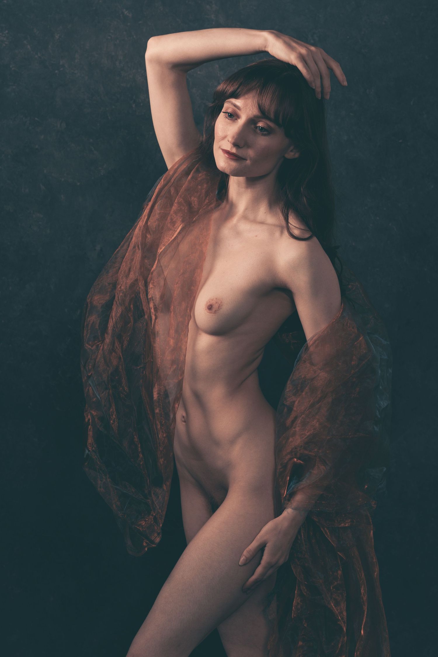 A nude woman poses gracefully with a flowing rust-colored sheer fabric against a dark studio background.