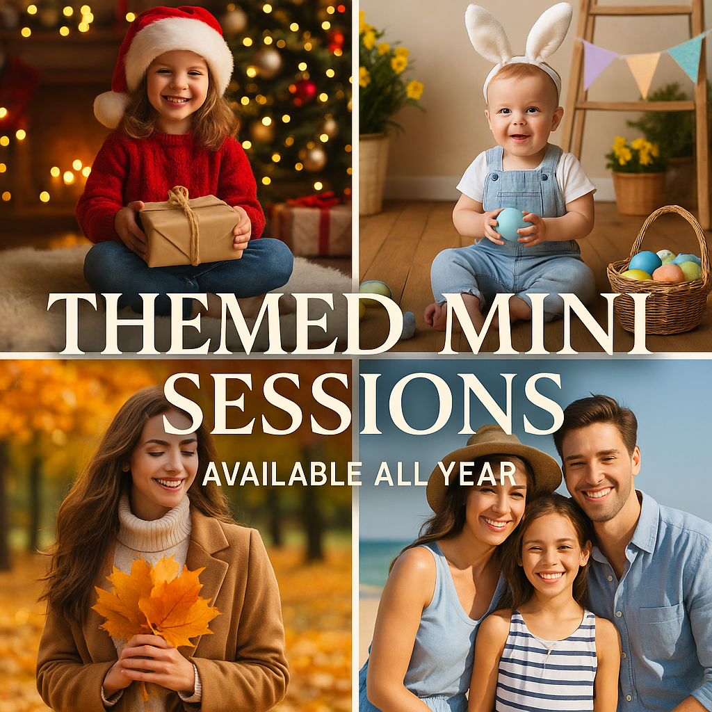 A collage of seasonal photo sessions showing Christmas, Easter, autumn leaves and summer beach themes.
