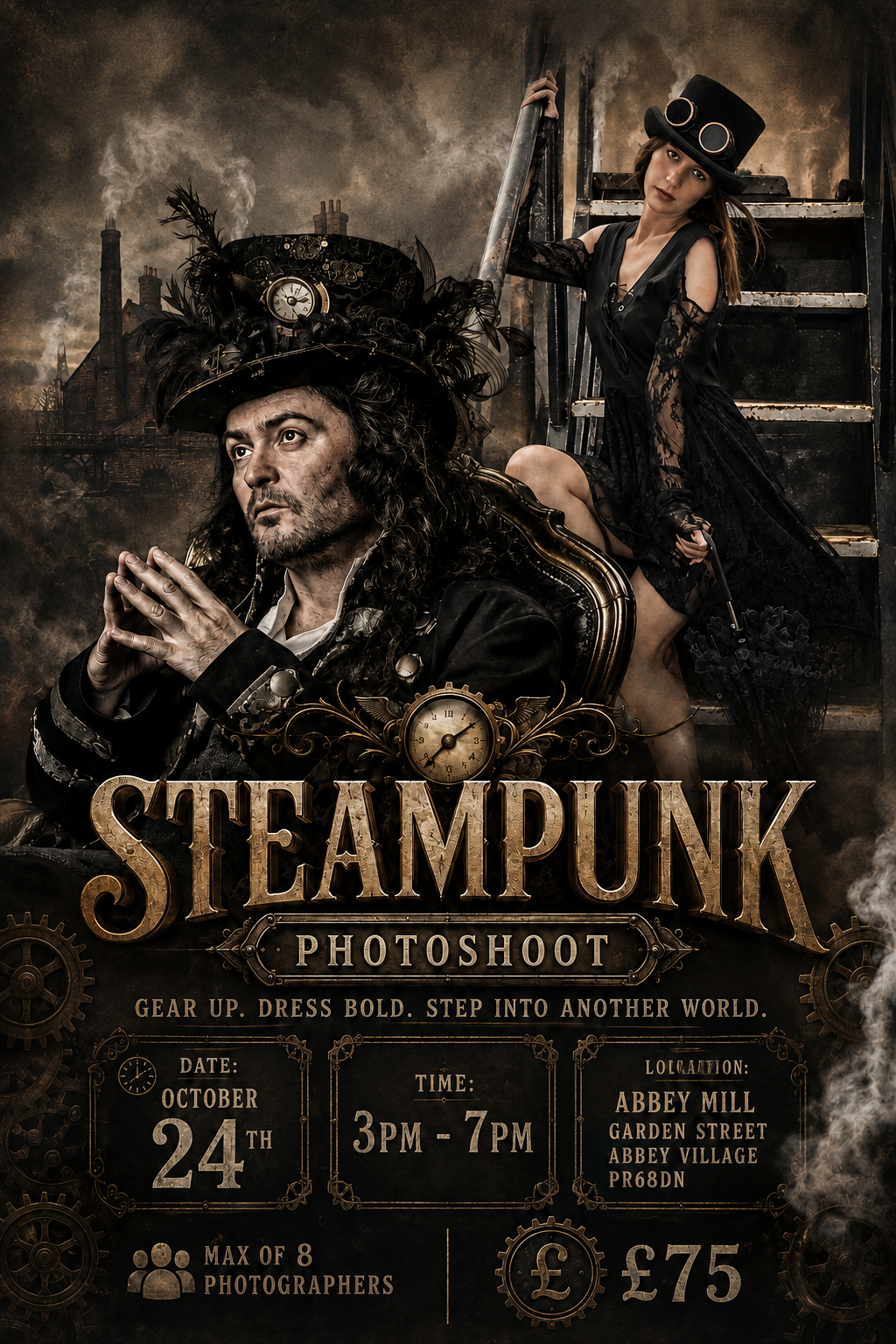 Steampunk photoshoot event poster featuring costumed models, October 24th, 3-7PM, Abbey Mill Garden Street, £75, max 8 photographers.