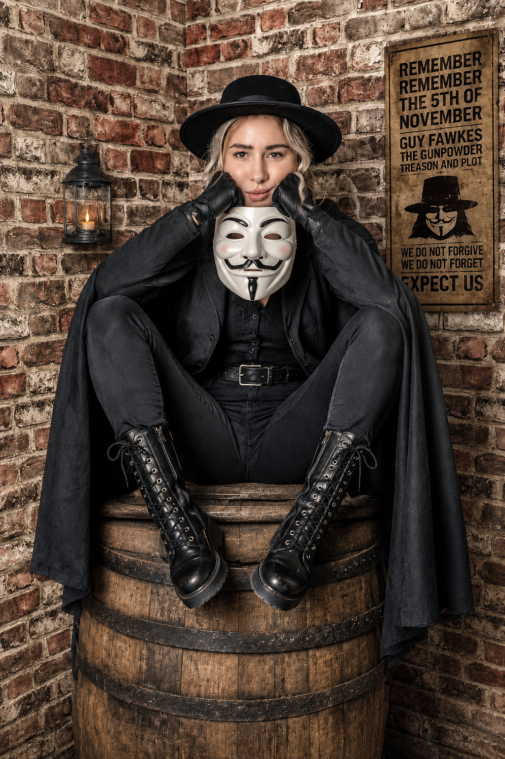 Woman in Guy Fawkes costume sitting on a barrel, wearing black cape, hat, and V for Vendetta mask.