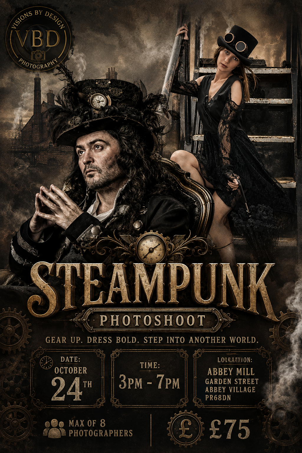 Steampunk photoshoot event poster featuring costumed models, October 24th, 3-7PM, Abbey Mill Garden Street, Abbey Village, £75.