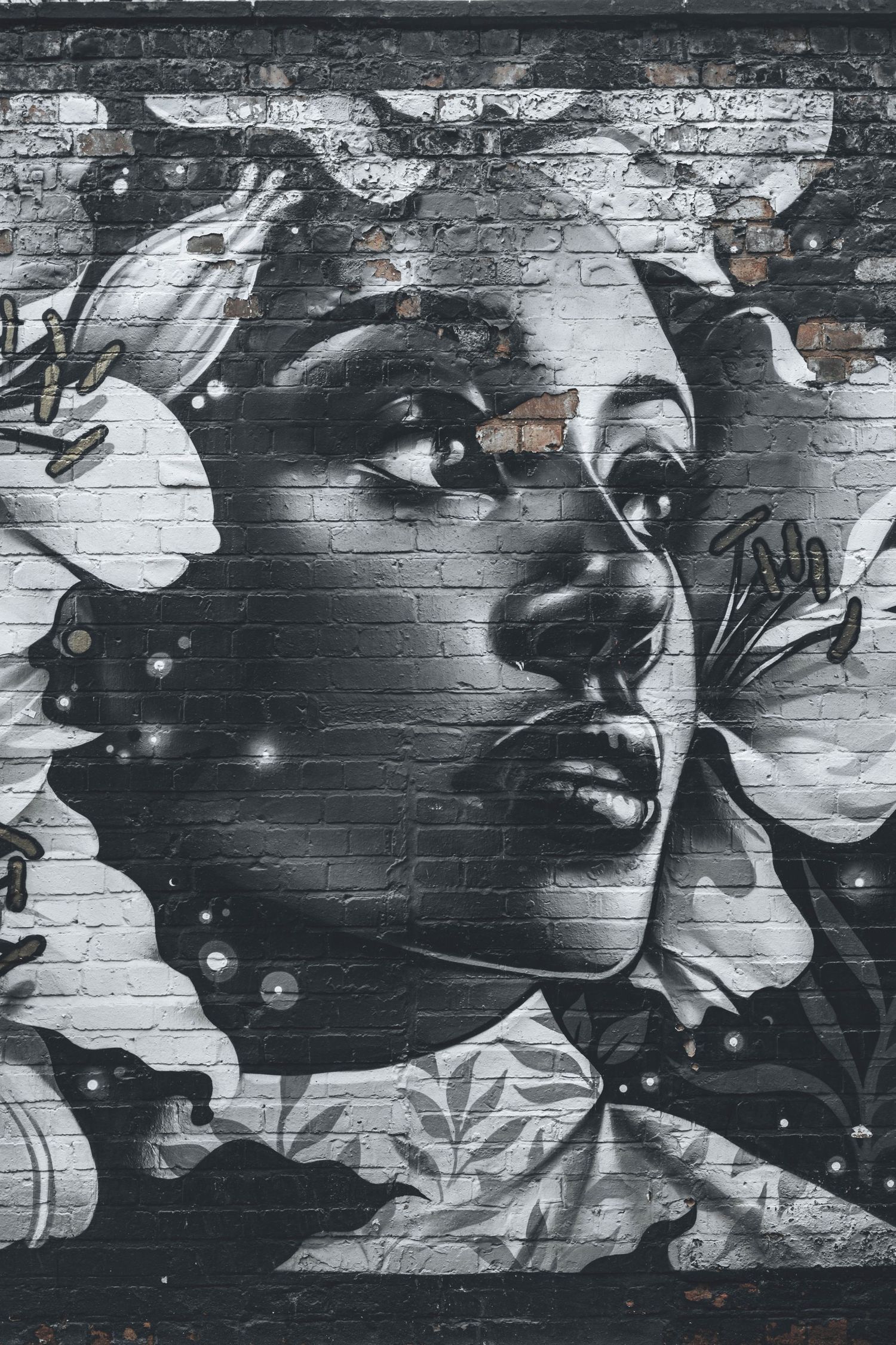 Black and white street art mural on brick wall shows expressive portraits in dramatic monochromatic style.
