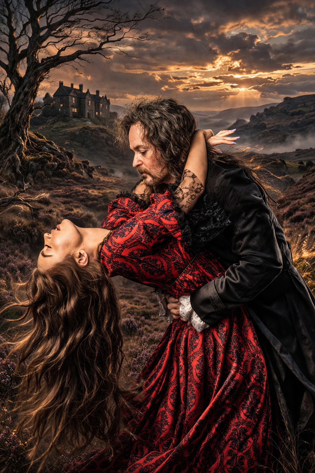 Gothic romance scene with a vampire embracing a woman in red dress on a dramatic misty moor at sunset.