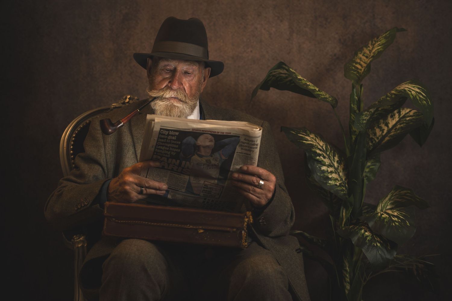 Moody vintage-style portrait with person reading newspaper in dim lighting.