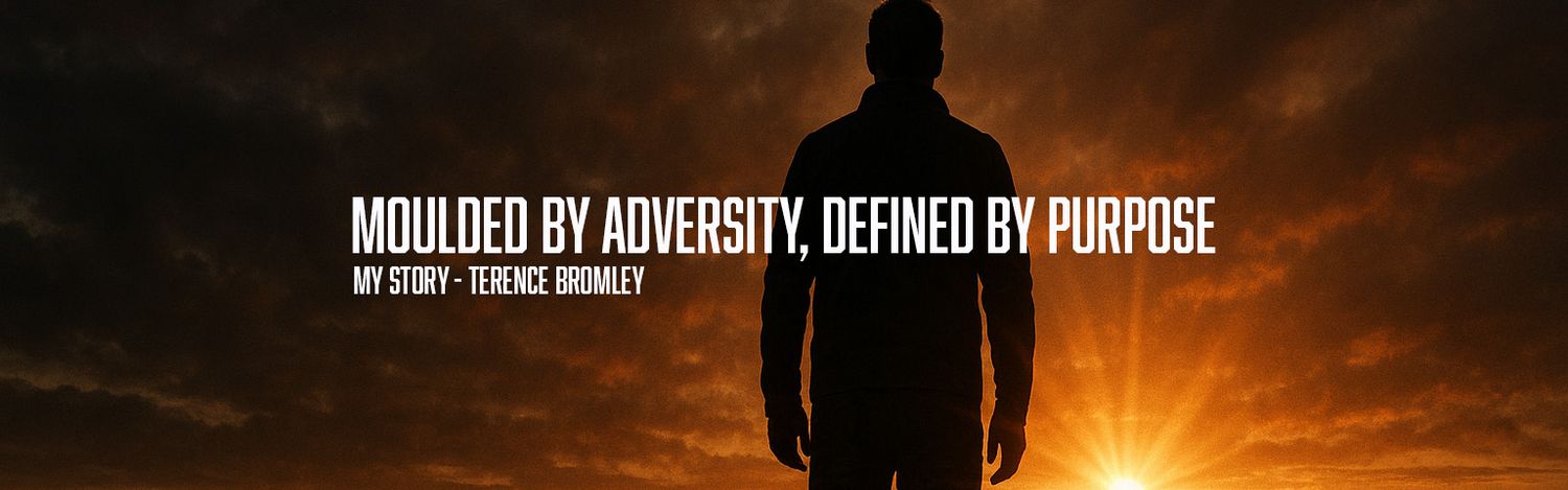 A silhouetted figure stands against a dramatic dark background with text overlay about adversity and purpose.
