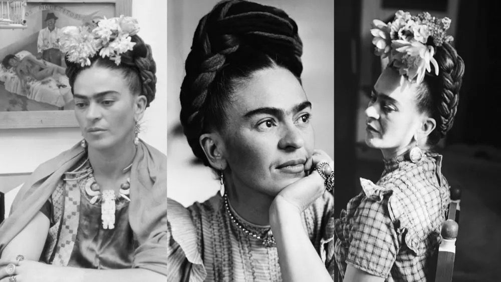Three black and white vintage photographs showing a person wearing floral headpieces and traditional Mexican-style clothing.