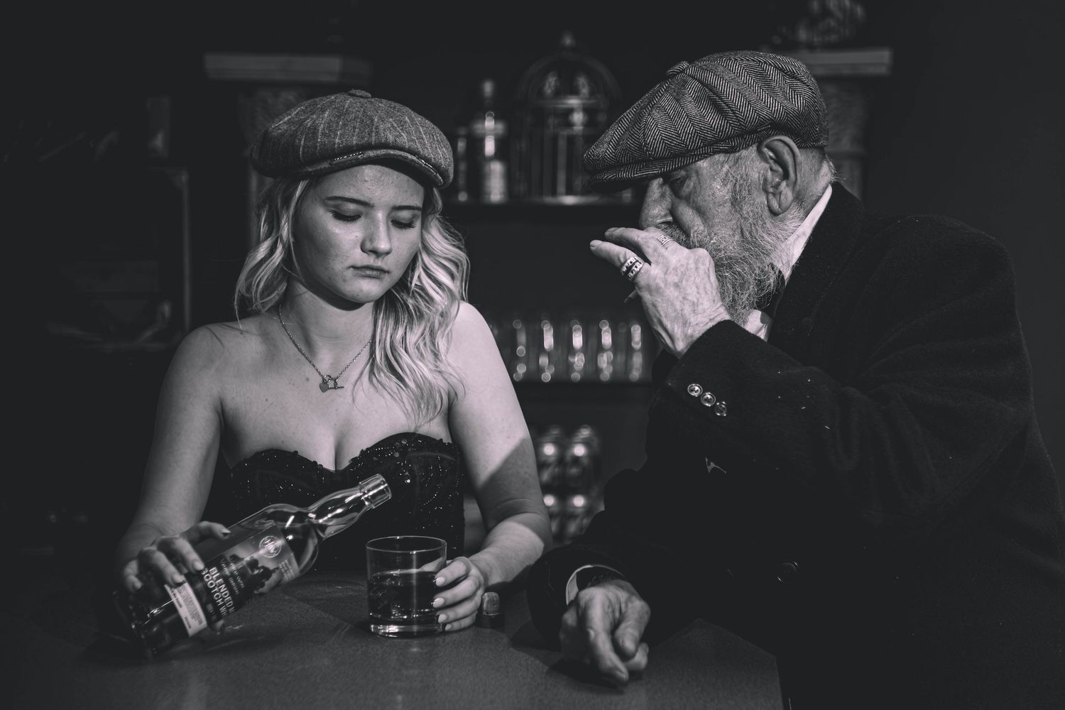 Black and white photo series showing hands holding drinks and cigarettes at a bar counter.