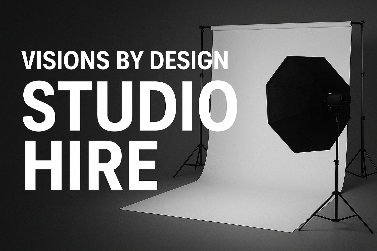 Professional photography studio setup with softboxes and lighting equipment against black background.