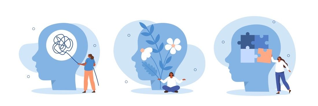 A series of blue circular icons illustrating different stages of medical care and healthcare services in a simple flat design style.