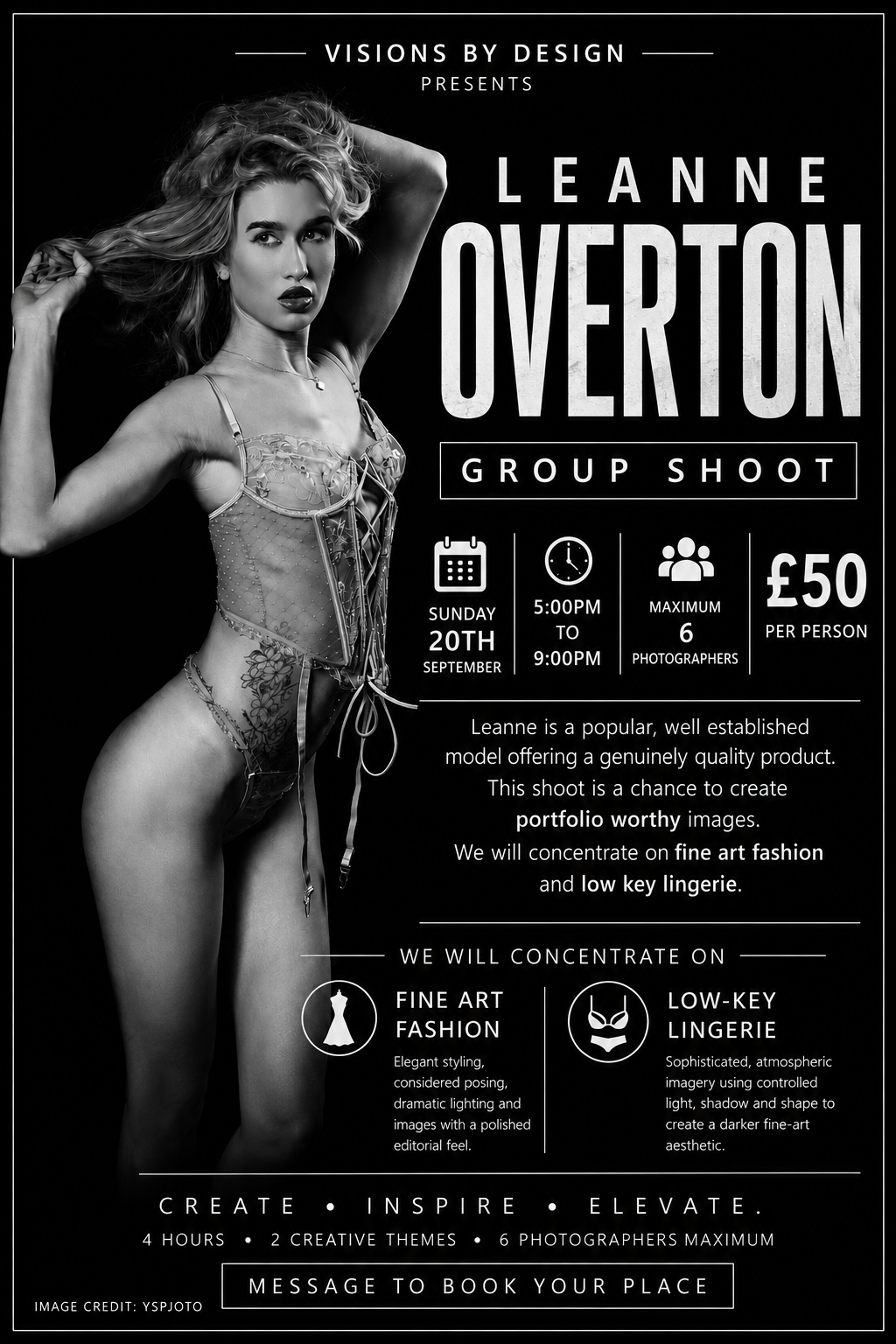Black and white promotional flyer for Leanne Overton group shoot by Visions By Design, featuring fine art fashion and lingerie photography.