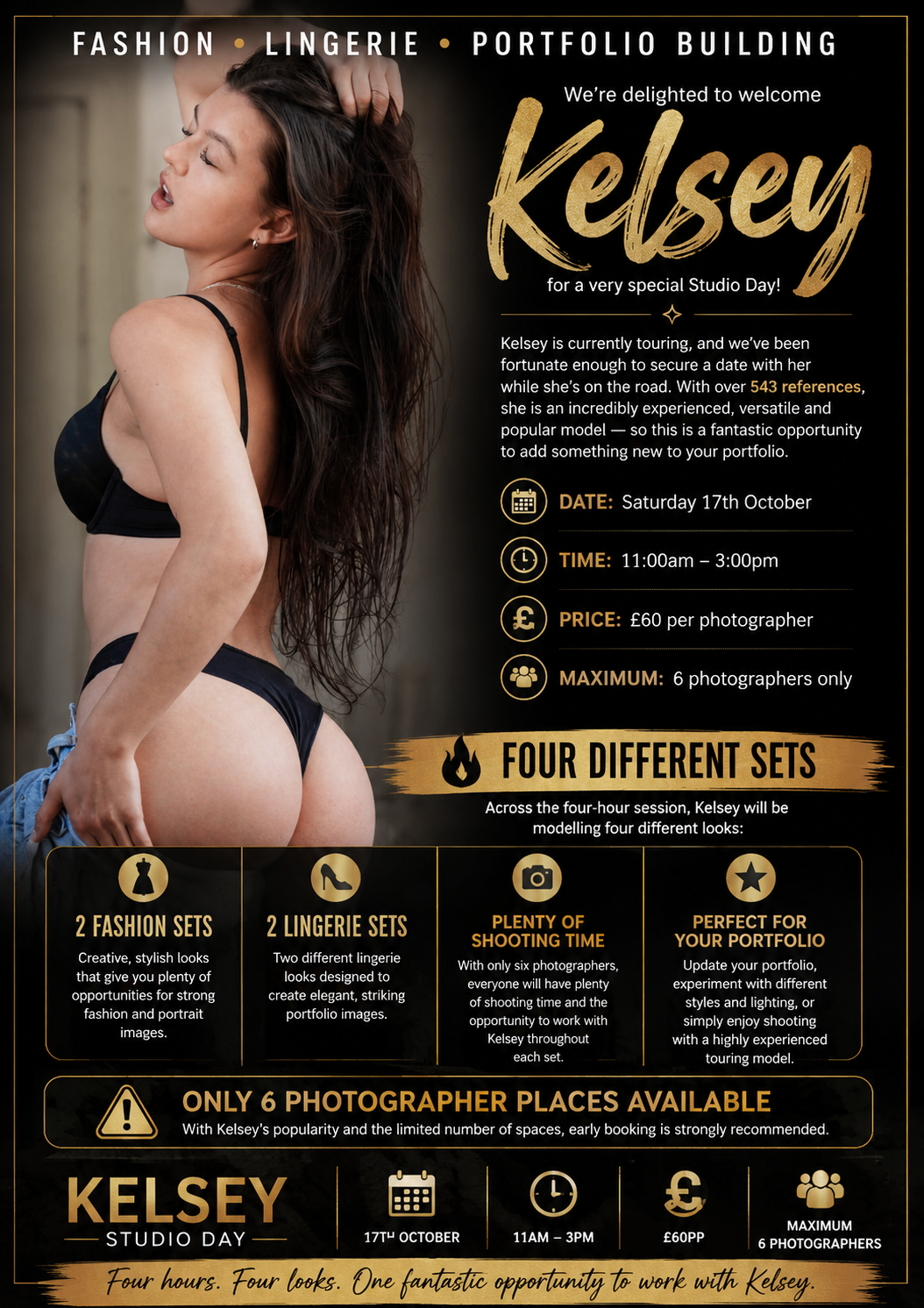 Promotional flyer for Kelsey Studio Day fashion and lingerie photography event on Saturday 17th October, 11am-3pm, £60 per photographer.