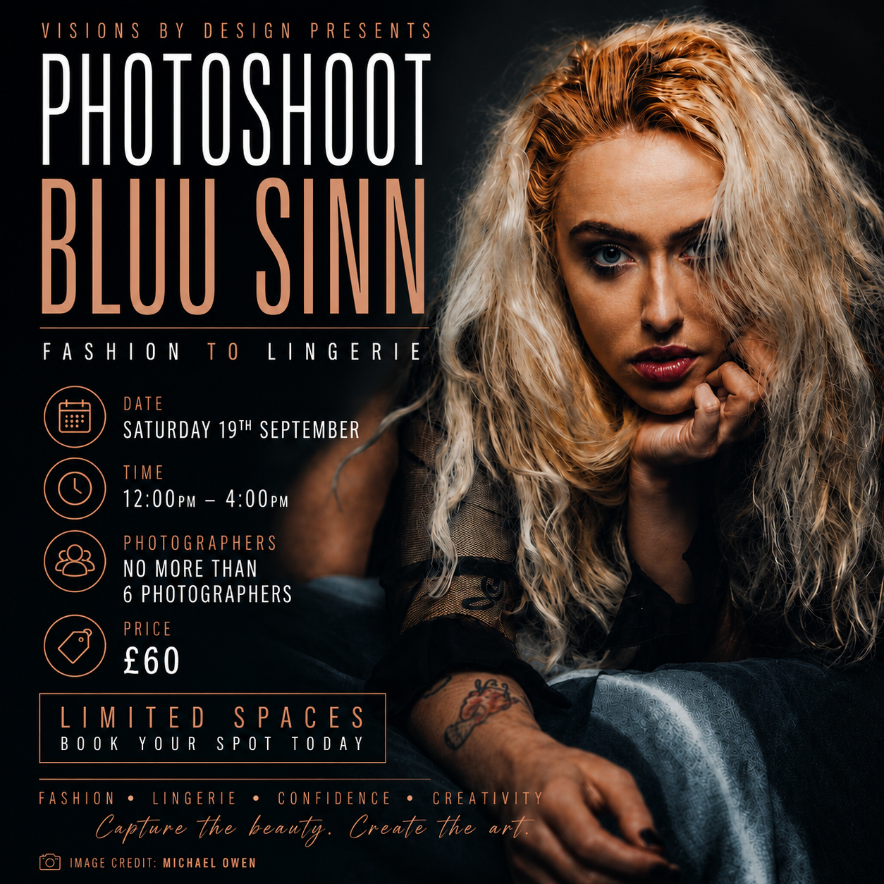 Photoshoot event flyer for Bluu Sinn fashion to lingerie shoot, Saturday 19th September, 12-4pm, limited to 6 photographers, £60.