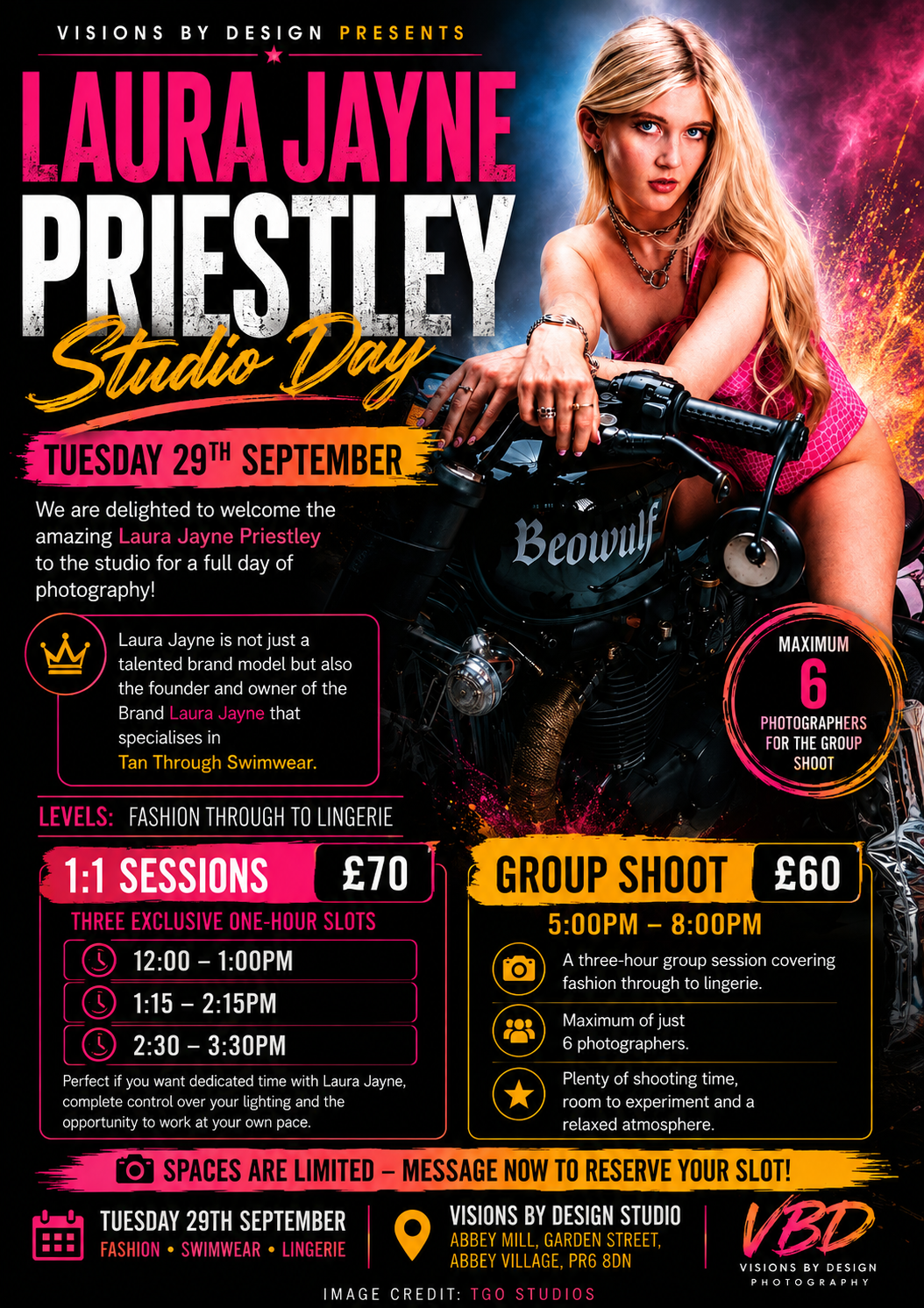 Promotional flyer for Laura Jayne Priestley Studio Day on Tuesday 29th September, offering 1:1 sessions and group shoots.
