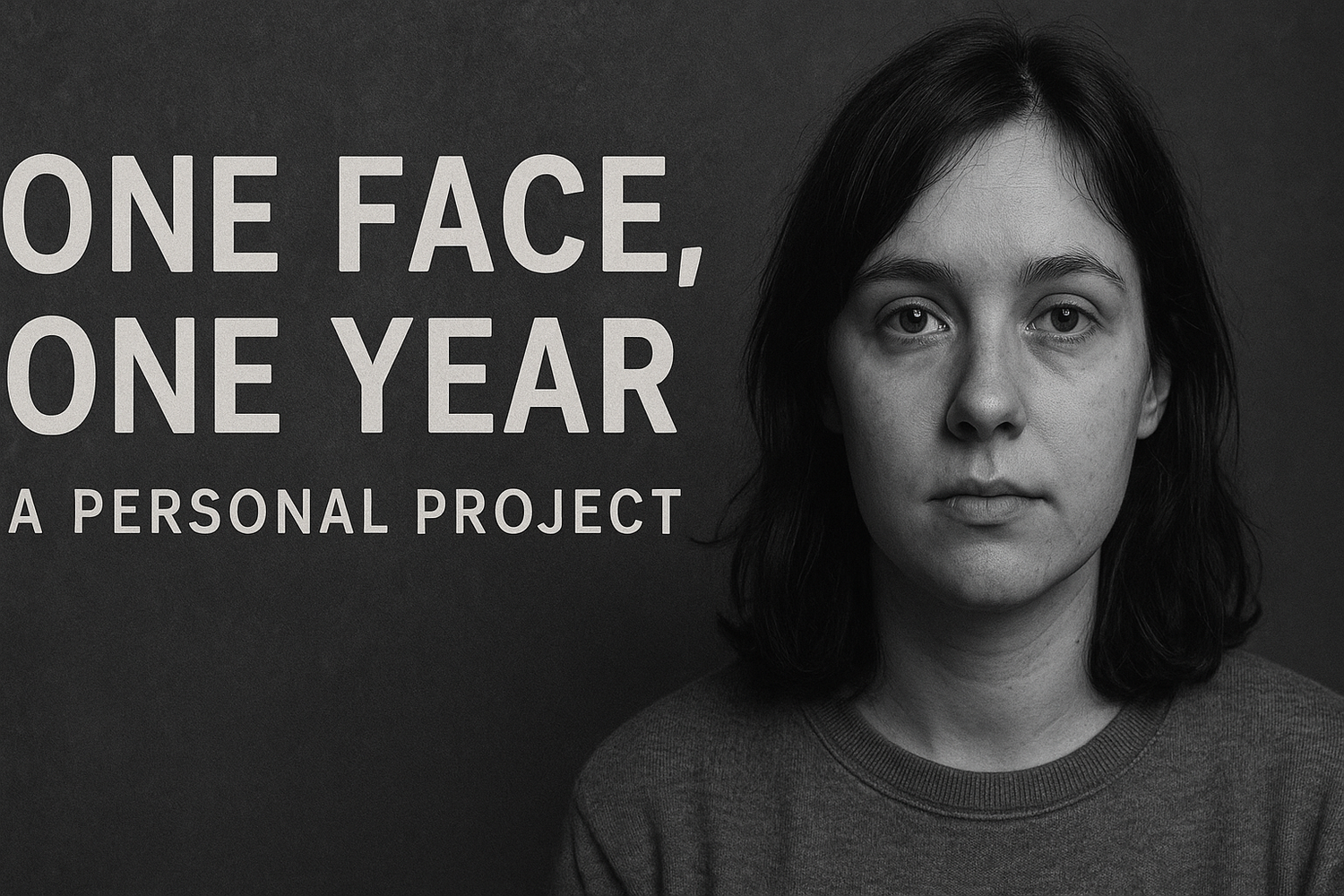 A black and white portrait shows a direct gaze against a dark background with text reading 'ONE FACE, ONE YEAR' above.