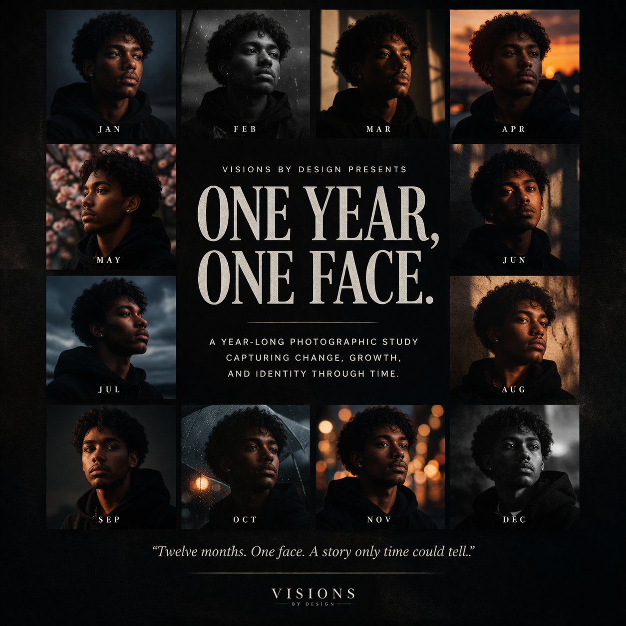 A dark moody photo collage titled One Year One Face showing a young Black man photographed monthly across 12 months.