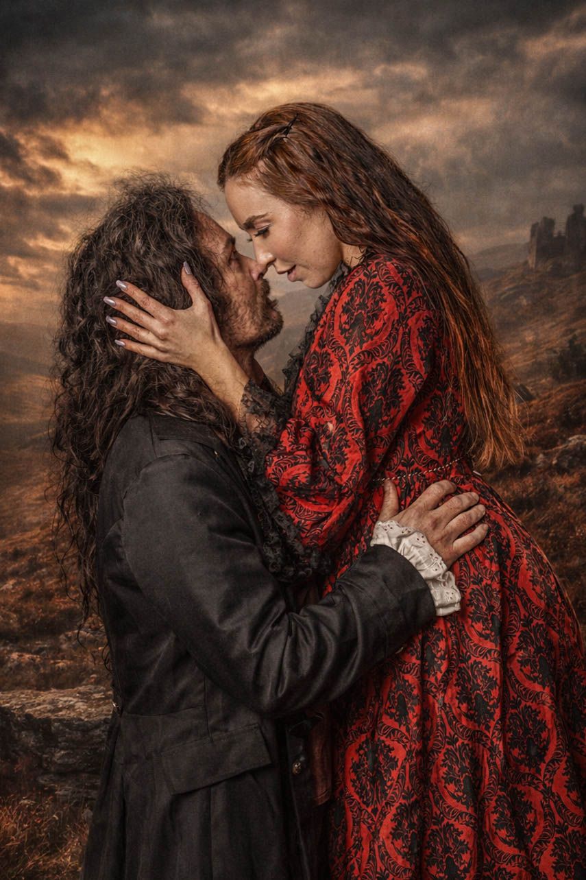 A man and woman in medieval costumes share a romantic embrace against a dramatic stormy sky backdrop.