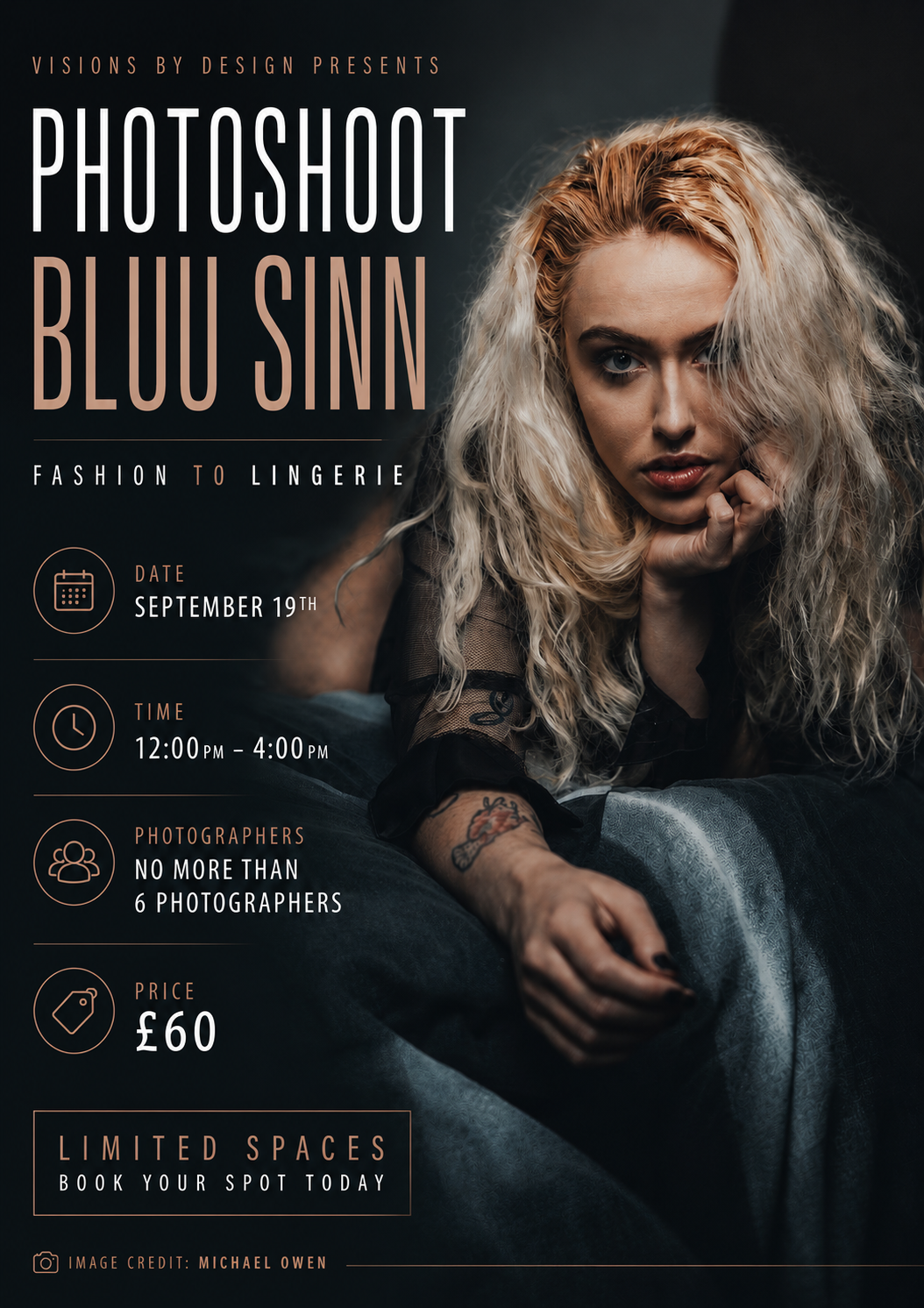 Promotional flyer for a fashion to lingerie photoshoot with model Bluu Sinn on September 19th, priced at £60.