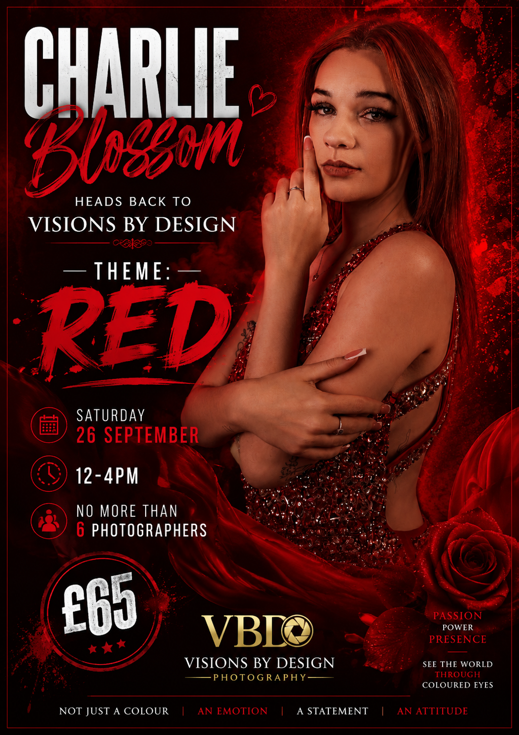 Red-themed promotional flyer for Charlie Blossom at Visions By Design Photography, Saturday 26 September, 12-4PM, £65.