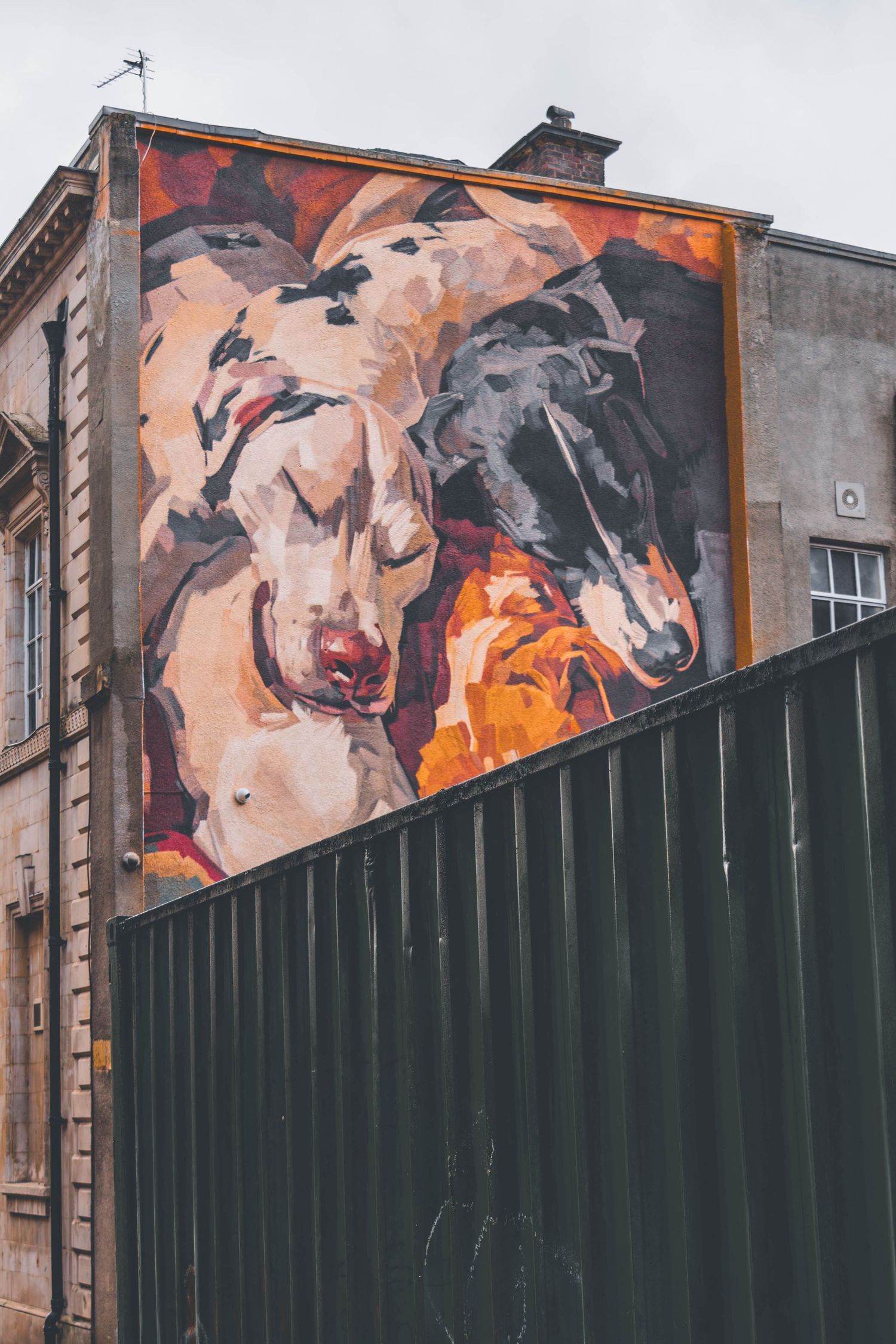 Large street art mural of two horses in dramatic colors of orange, black and beige painted on the side of a building.