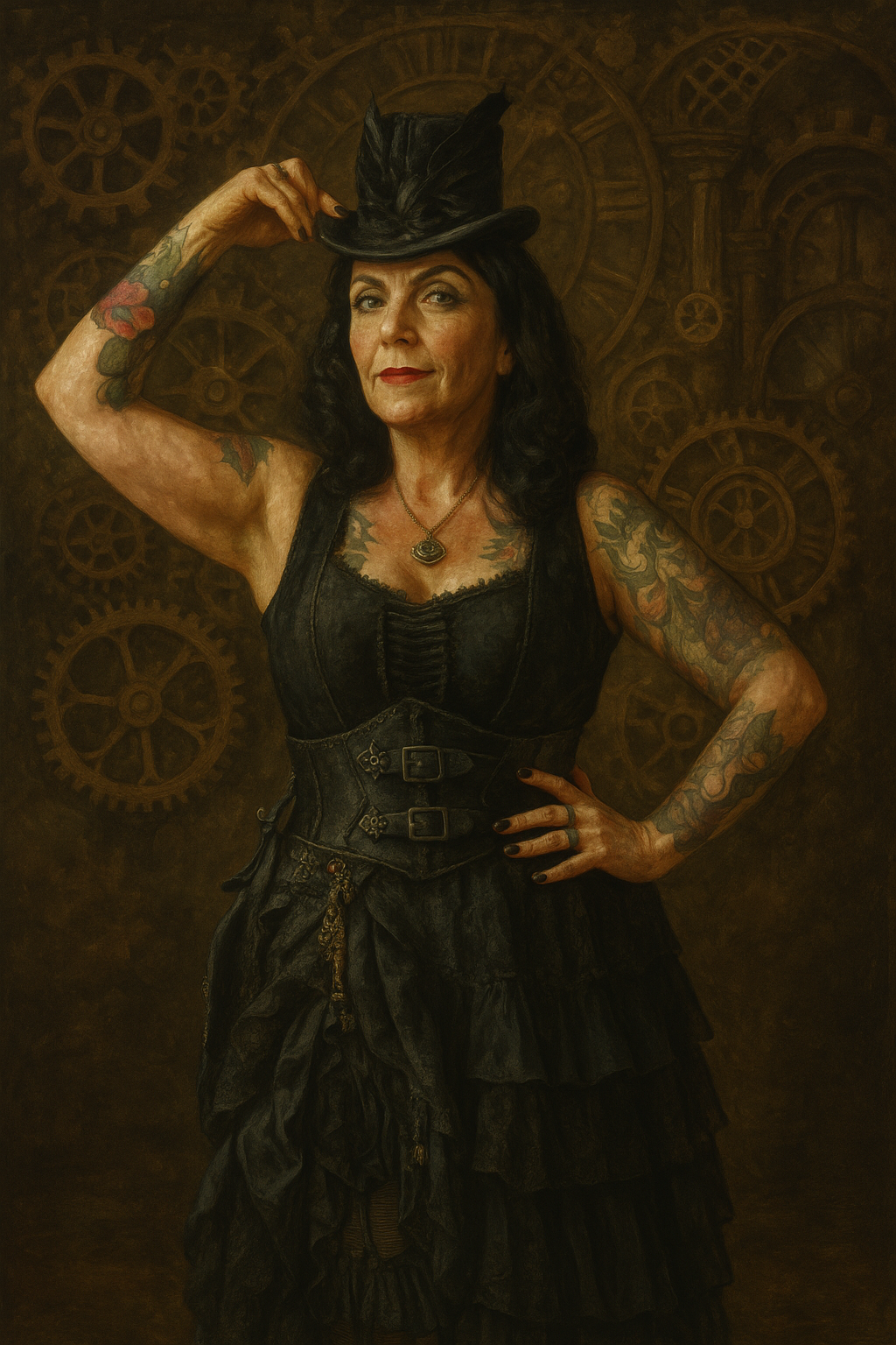 A steampunk-styled figure in a black Victorian dress and top hat poses against a backdrop of vintage clockwork gears.