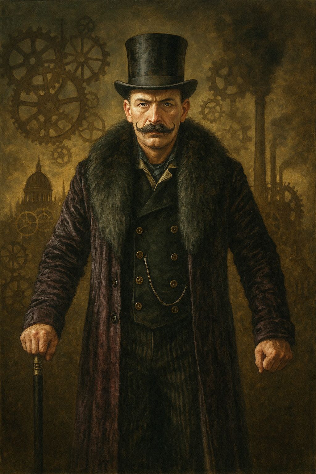 A vintage Victorian-era portrait showing a figure in a dark coat and top hat against an ornate steampunk-style backdrop.