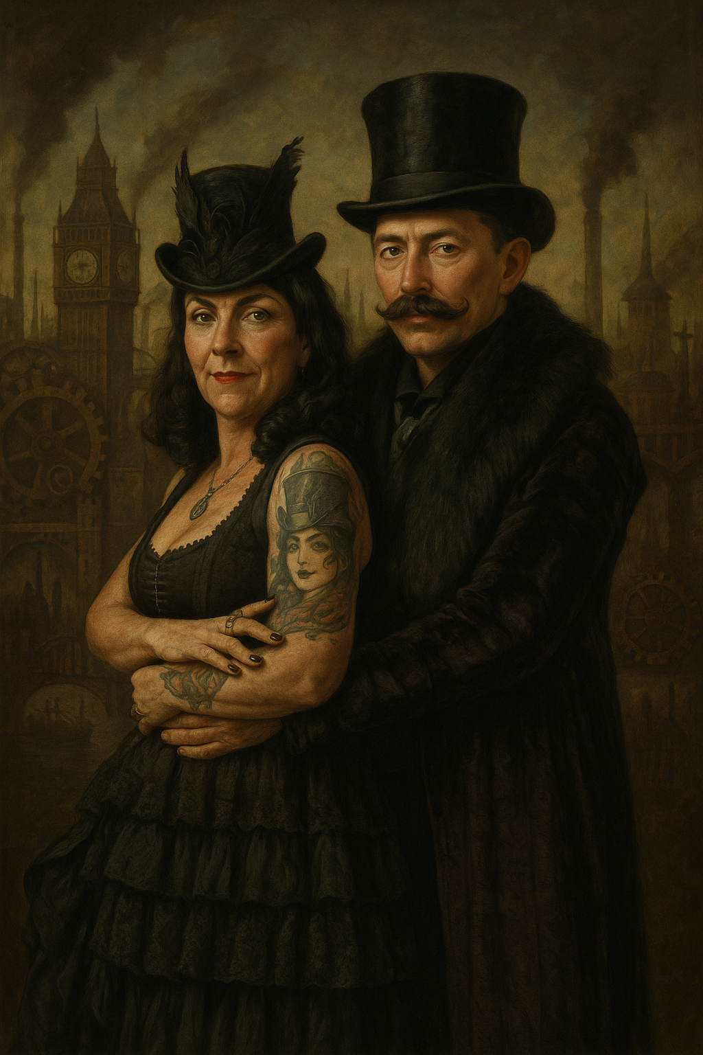 Moody and atmospheric Victorian-era figures in dark clothing shown in varying degrees of shadow against a dimly lit backdrop.