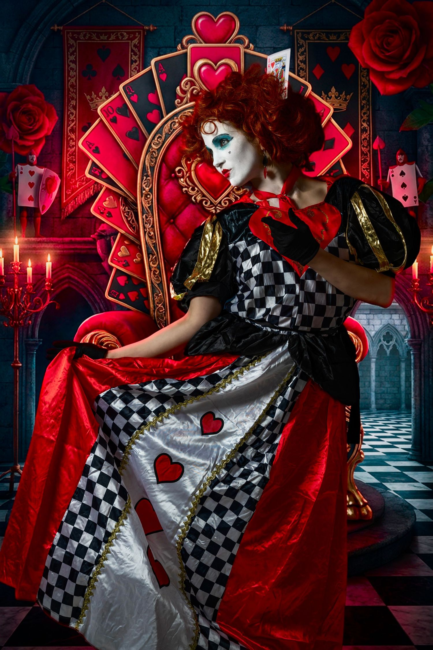 Queen of Hearts costume with red curly hair, checkered dress, and playing card throne in dramatic fantasy setting.