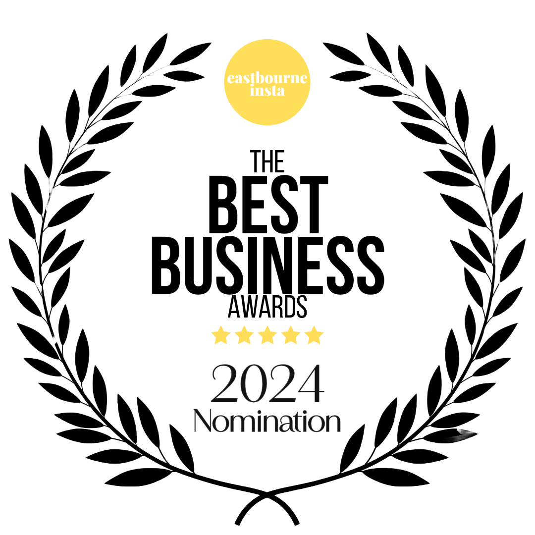Black and white Eastbourne logo next to yellow circle with star rating and text.